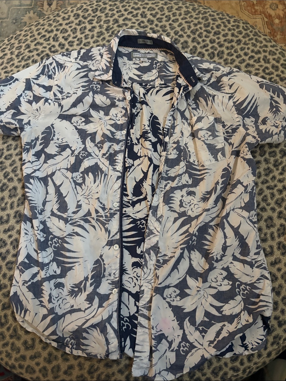 PD&C Navy and White Short-Sleeve Floral Button-Down Shirt